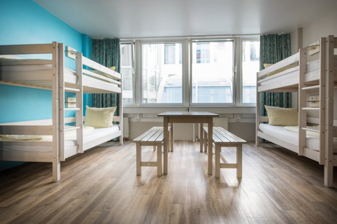 pacious and bright dorm room with bunk beds